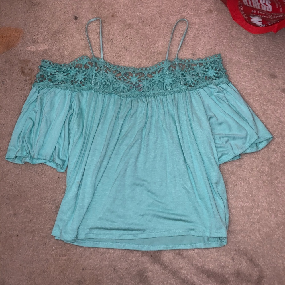 teal off the shoulder lace neckline top